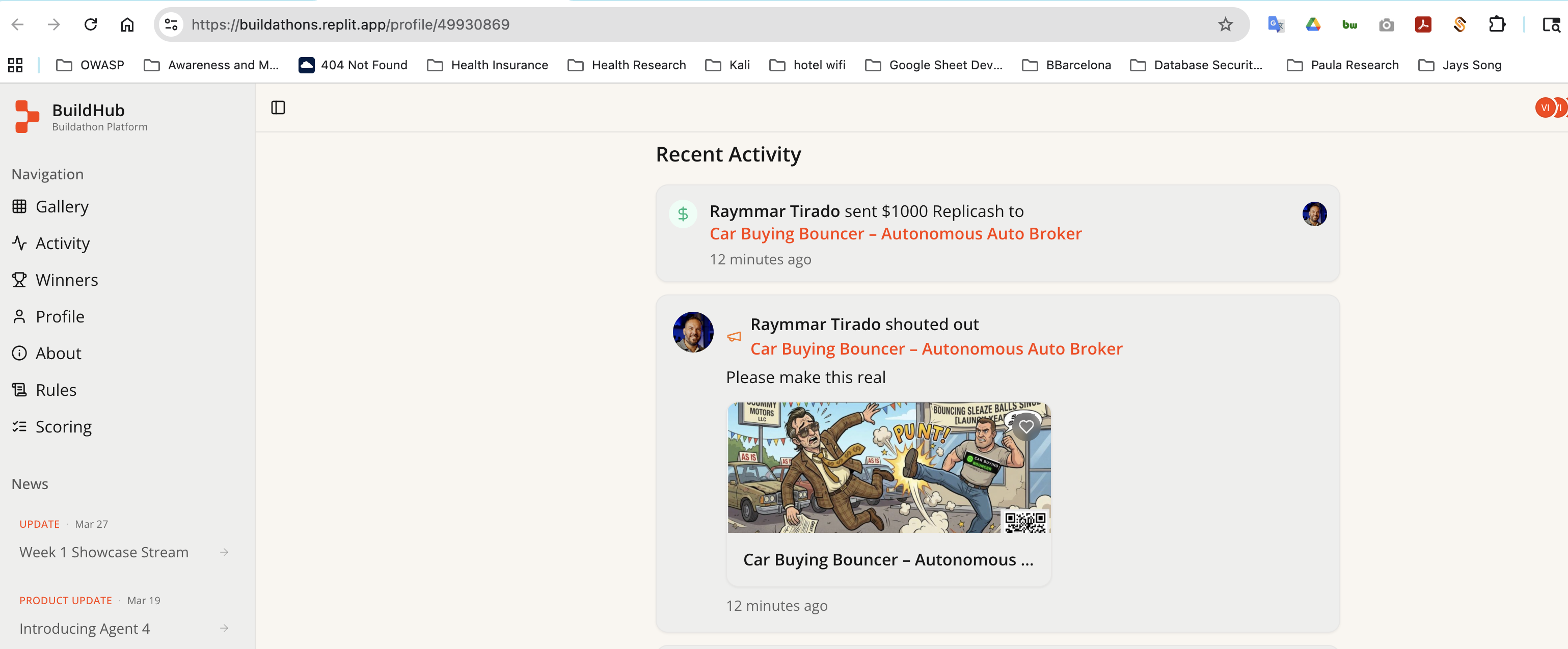 Raymmar Tirado awarded $1,000 Replicash and shouted out Car Buying Bouncer on BuildHub with the message 'Please make this real'
